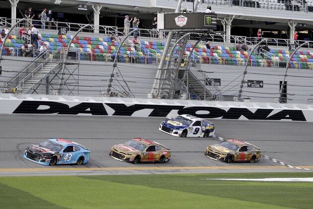 Darrell Wallace Jr. (43) leads Austin Dillon (3), Daniel Hemric (8) and Chase Elliott (9) through the front stretch during a practice session for the NASCAR Daytona 500 auto race at Daytona International Speedway, Friday, Feb. 15, 2019, in Daytona Beach, Fla. (AP Photo/John Raoux)