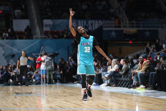 CHARLOTTE, NC - FEBRUARY 15: Famous Los #32 celebrates a three point basket during the 2019 NBA All-Star Celebrity Game on February 15, 2019 at Bojangles Coliseum in Charlotte, North Carolina. NOTE TO USER: User expressly acknowledges and agrees that, by downloading and or using this photograph, User is consenting to the terms and conditions of the Getty Images License Agreement. Mandatory Copyright Notice: Copyright 2019 NBAE (Photo by Joe Murphy/NBAE via Getty Images)