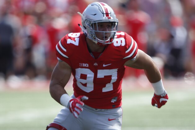 Ohio State defensive end Nick Bosa plays against Bowling Green during an NCAA college football game Saturday, Sept. 3, 2016, in Columbus, Ohio. (AP Photo/Jay LaPrete)