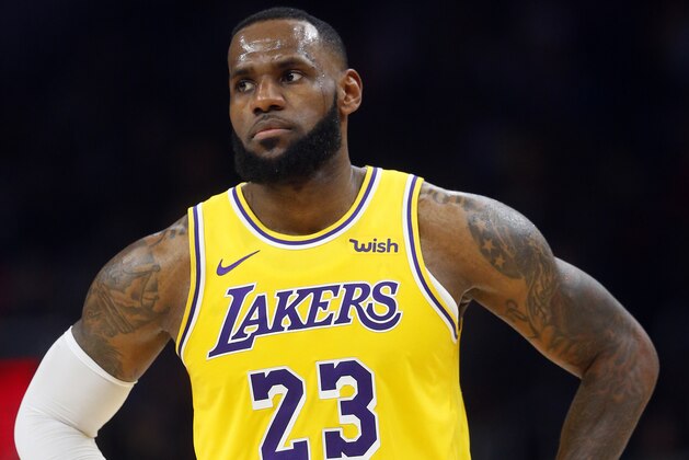 Los Angeles Lakers forward LeBron James is shown during the second half of an NBA basketball game against the Atlanta Hawks Tuesday, Feb. 12, 2019, in Atlanta. The Hawks won 117-113. (AP Photo/John Bazemore)