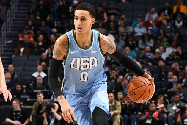 CHARLOTTE, NC - FEBRUARY 15: Kyle Kuzma #0 of the U.S. Team handles the ball against the World Team during the 2019 Mtn Dew ICE Rising Stars Game on February 15, 2019 at the Spectrum Center in Charlotte, North Carolina. NOTE TO USER: User expressly acknowledges and agrees that, by downloading and/or using this photograph, user is consenting to the terms and conditions of the Getty Images License Agreement. Mandatory Copyright Notice: Copyright 2019 NBAE (Photo by Andrew D. Bernstein/NBAE via Getty Images)