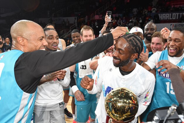 CHARLOTTE, NC - FEBRUARY 15: Famous Los #32 of Team Home celebrates after winning MVP of the 2019 NBA All-Star Celebrity Game on February 15, 2019 at Bojangles Coliseum in Charlotte, North Carolina. NOTE TO USER: User expressly acknowledges and agrees that, by downloading and or using this photograph, User is consenting to the terms and conditions of the Getty Images License Agreement. Mandatory Copyright Notice: Copyright 2019 NBAE (Photo by Juan Ocampo/NBAE via Getty Images)