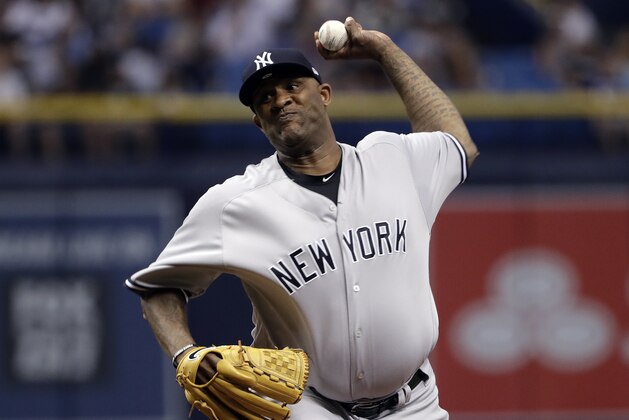 New York Yankees' CC Sabathia pitches to the Tampa Bay Rays during the first inning of a baseball game Friday, June 22, 2018, in St. Petersburg, Fla. (AP Photo/Chris O'Meara)