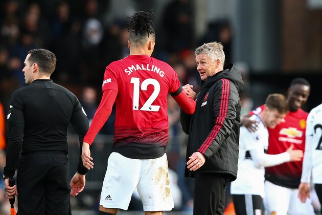 LONDON, ENGLAND - FEBRUARY 09: Manchester United manager Ole Gunnar Solskjaer congratulates Chris Smalling after the Premier League match between Fulham FC and Manchester United at Craven Cottage on February 9, 2019 in London, United Kingdom. (Photo by Craig Mercer/MB Media/Getty Images)
