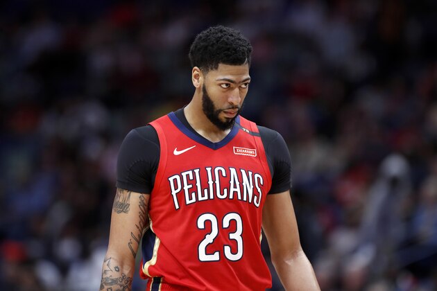 New Orleans Pelicans forward Anthony Davis (23) during the first half of an NBA basketball game in New Orleans, Thursday, Feb. 14, 2019. (AP Photo/Tyler Kaufman)