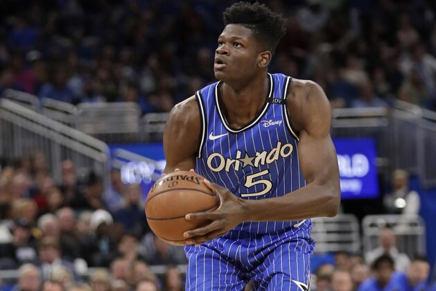 Orlando Magic's Mo Bamba (5) looks to take a shot against the Indiana Pacers during the second half of an NBA basketball game, Friday, Dec. 7, 2018, in Orlando, Fla. (AP Photo/John Raoux)