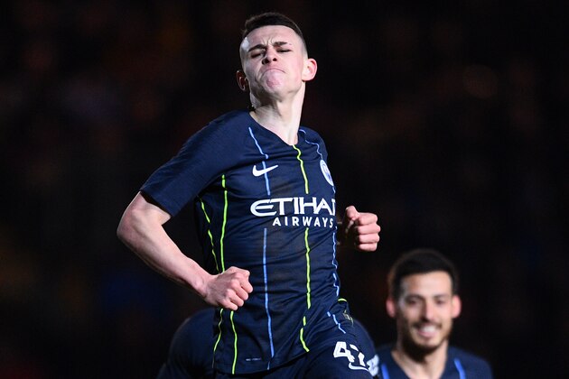 NEWPORT, WALES - FEBRUARY 16: Phil Foden of Manchester City celebrates after scoring his sides third goal during the FA Cup Fifth Round match between Newport County AFC and Manchester City at Rodney Parade on February 16, 2019 in Newport, United Kingdom. (Photo by Harry Trump/Getty Images)
