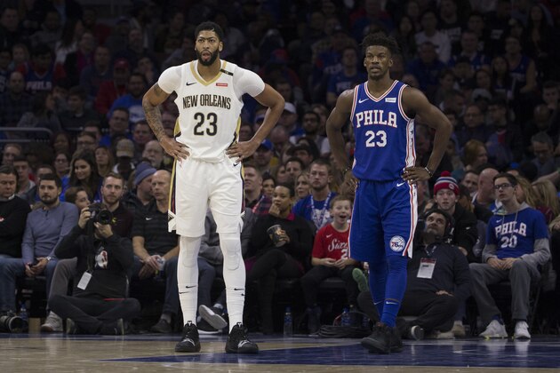 PHILADELPHIA, PA - NOVEMBER 21: Anthony Davis #23 of the New Orleans Pelicans and Jimmy Butler #23 of the Philadelphia 76ers look on at the Wells Fargo Center on November 21, 2018 in Philadelphia, Pennsylvania. NOTE TO USER: User expressly acknowledges and agrees that, by downloading and or using this photograph, User is consenting to the terms and conditions of the Getty Images License Agreement. (Photo by Mitchell Leff/Getty Images)