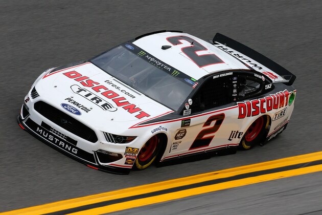DAYTONA BEACH, FL - FEBRUARY 09:  Brad Keselowski, driver of the #2 Discount Tire Ford, drives during practice for the Monster Energy NASCAR Cup Series 61st Annual Daytona 500 at Daytona International Speedway on February 9, 2019 in Daytona Beach, Florida.  (Photo by Jonathan Ferrey/Getty Images)