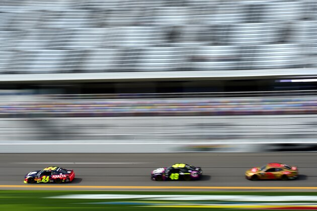 DAYTONA BEACH, FL - FEBRUARY 15:  William Byron, driver of the #24 Axalta Chevrolet, leads Jimmie Johnson, driver of the #48 Ally Chevrolet, and Austin Dillon, driver of the #3 Dow Chevrolet, during practice for the Monster Energy NASCAR Cup Series 61st Annual Daytona 500  at Daytona International Speedway on February 15, 2019 in Daytona Beach, Florida.  (Photo by Jared C. Tilton/Getty Images)
