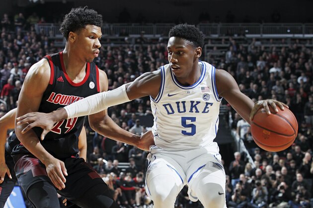 LOUISVILLE, KY - FEBRUARY 12: RJ Barrett #5 of the Duke Blue Devils handles the ball against the Louisville Cardinals in the second half of the game at KFC YUM! Center on February 12, 2019 in Louisville, Kentucky. Duke came from behind to win 71-69. (Photo by Joe Robbins/Getty Images) LOUISVILLE, KY - FEBRUARY 12: RJ Barrett #5 of the Duke Blue Devils handles the ball against the Louisville Cardinals in the second half of the game at KFC YUM! Center on February 12, 2019 in Louisville, Kentucky. Duke came from behind to win 71-69. (Photo by Joe Robbins/Getty Images)