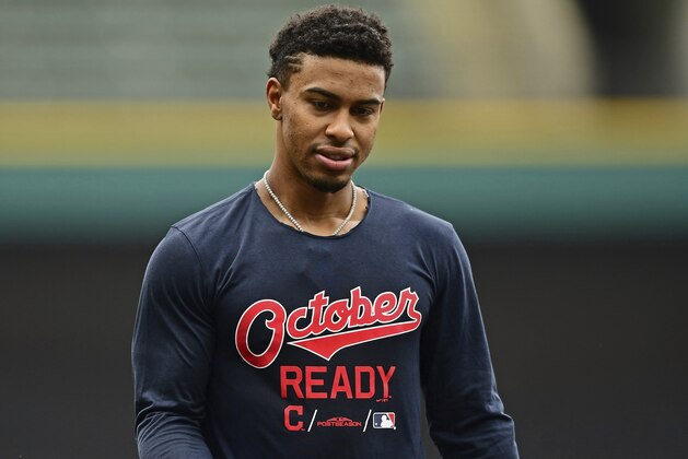 Cleveland Indians' Francisco Lindor waits to take batting practice during a baseball team workout, Tuesday, Oct. 2, 2018, in Cleveland. The Indians will play the Houston Astros Friday in Game 1 of the AL Division Series. (AP Photo/David Dermer)