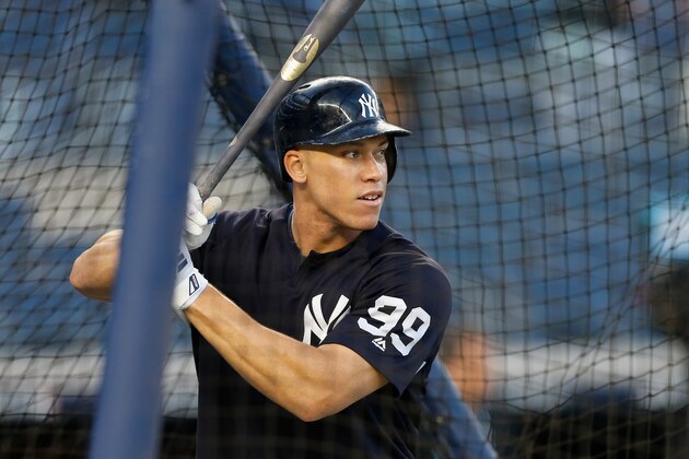 NEW YORK, NY - OCTOBER 09:  (NEW YORK DAILIES OUT)   Aaron Judge #99 of the New York Yankees during batting practice before Game Four of the American League Division Series against the Boston Red Sox at Yankee Stadium on October 9, 2018 in the Bronx borough of New York City. The Red Sox defeated the Yankees  4-3.  (Photo by Jim McIsaac/Getty Images)