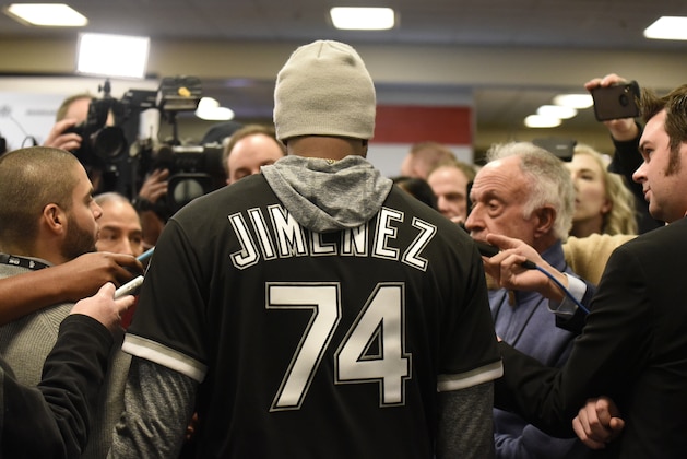 Chicago White Sox's Eloy Jimenez answers questions during the baseball team's convention Friday, Jan. 25, 2019, in Chicago. (AP Photo/David Banks)