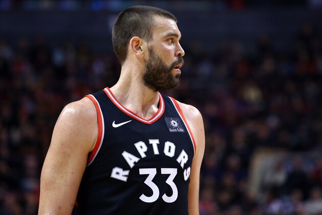 TORONTO, ON - FEBRUARY 11:  Marc Gasol #33 of the Toronto Raptors looks on during the first half of an NBA game against the Brooklyn Nets at Scotiabank Arena on February 11, 2019 in Toronto, Canada.  NOTE TO USER: User expressly acknowledges and agrees that, by downloading and or using this photograph, User is consenting to the terms and conditions of the Getty Images License Agreement.  (Photo by Vaughn Ridley/Getty Images)