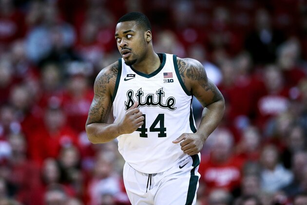 MADISON, WISCONSIN - FEBRUARY 12:  Nick Ward #44 of the Michigan State Spartans jogs across the court in the first half against the Wisconsin Badgers at the Kohl Center on February 12, 2019 in Madison, Wisconsin. (Photo by Dylan Buell/Getty Images)