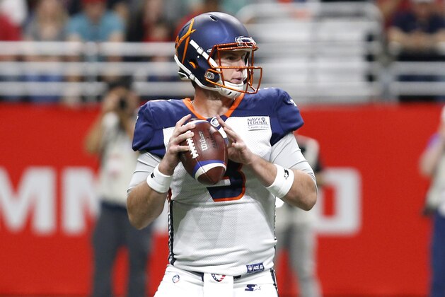 SAN ANTONIO, TEXAS - FEBRUARY 17: Garrett Gilbert #3 of the Orlando Apollos looks to pass the ball during the first half against the the San Antonio Commanders in an Alliance of American Football game at the Alamodome on February 17, 2019 in San Antonio, Texas. (Photo by Edward A. Ornelas/AAF/Getty Images)