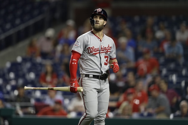 Washington Nationals' Bryce Harper in action during a baseball game against the Philadelphia Phillies, Wednesday, Sept. 12, 2018, in Philadelphia. (AP Photo/Matt Slocum)