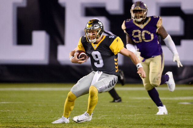 SAN DIEGO, CALIFORNIA - FEBRUARY 17:  Philip Nelson #9 of the San Diego Fleet runs with the ball in the second quarter against the Atlanta Legends during the Alliance of American Football game at SDCCU Stadium on February 17, 2019 in San Diego, California. (Photo by Denis Poroy/AAF/Getty Images)
