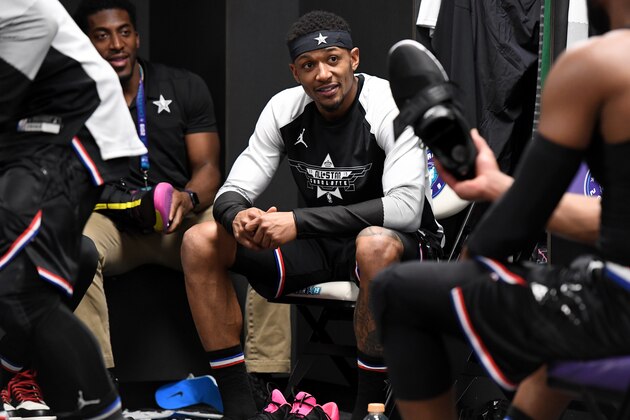 CHARLOTTE, NC - FEBRUARY 17: Bradley Beal #3 of Team LeBron gets ready before the 2019 NBA All-Star Game on February 17, 2019 at the Spectrum Center in Charlotte, North Carolina. NOTE TO USER: User expressly acknowledges and agrees that, by downloading and/or using this photograph, user is consenting to the terms and conditions of the Getty Images License Agreement. Mandatory Copyright Notice: Copyright 2019 NBAE (Photo by Andrew D. Bernstein/NBAE via Getty Images)