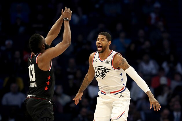 CHARLOTTE, NORTH CAROLINA - FEBRUARY 17: Paul George #13 of the Oklahoma City Thunder and Team Giannis defends James Harden #13 of the Houston Rockets and Team LeBron in the second quarter during the NBA All-Star game as part of the 2019 NBA All-Star Weekend at Spectrum Center on February 17, 2019 in Charlotte, North Carolina.  NOTE TO USER: User expressly acknowledges and agrees that, by downloading and/or using this photograph, user is consenting to the terms and conditions of the Getty Images License Agreement. (Photo by Streeter Lecka/Getty Images)