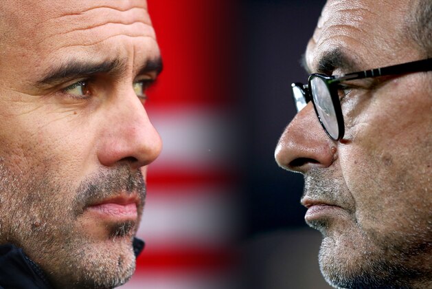 FILE PHOTO (EDITORS NOTE: COMPOSITE OF IMAGES - Image numbers 1089388290,1040951906 - GRADIENT ADDED) In this composite image a comparison has been made between Pep Guardiola, manager of Manchester City (L) and Maurizio Sarri, Manager of Chelsea.  Manchester City and Chelsea FC meet in a Premier League fixture on February 10, 2019 at the Etihad Stadium in Manchester.  ***LEFT IMAGE*** SOUTHAMPTON, ENGLAND - DECEMBER 30: Pep Guardiola, manager of Manchester City looks on before the Premier League match between Southampton FC and Manchester City at St Mary's Stadium on December 30, 2018 in Southampton, United Kingdom. (Photo by Dan Istitene/Getty Images)  ***RIGHT IMAGE*** LIVERPOOL, ENGLAND - SEPTEMBER 26: Maurizio Sarri, Manager of Chelsea looks on ahead of the Carabao Cup Third Round match between Liverpool and Chelsea at Anfield on September 26, 2018 in Liverpool, England. (Photo by Jan Kruger/Getty Images)