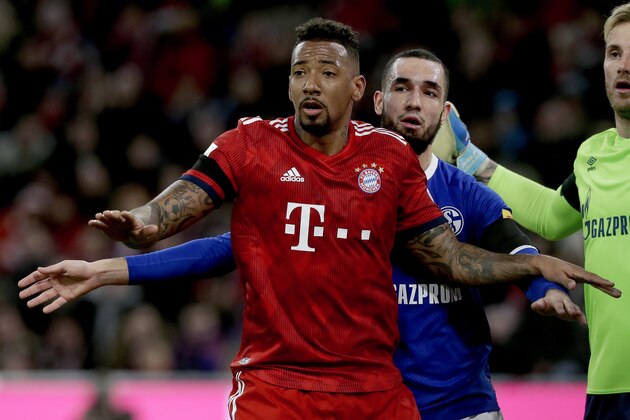 MUNICH, GERMANY - FEBRUARY 9: (L-R) Nabil Bentaleb of Schalke 04, Jerome Boateng of Bayern Munchen  during the German Bundesliga  match between Bayern Munchen v Schalke 04 at the Allianz Arena on February 9, 2019 in Munich Germany (Photo by Rico Brouwer/Soccrates/Getty Images)