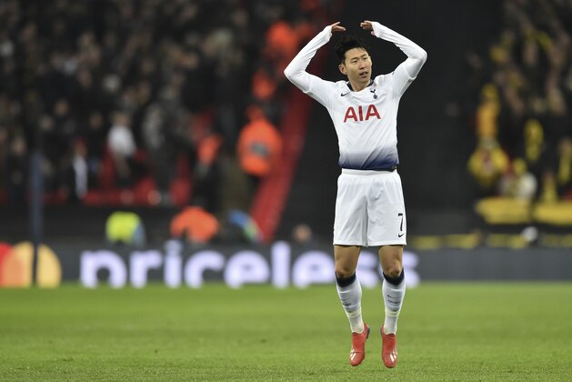 LONDON, ENGLAND - FEBRUARY 13: Heung-min Son of Tottenham  celebrates after scoring during the UEFA Champions League Round of 16 First Leg match between Tottenham Hotspur and Borussia Dortmund at Wembley Stadium on February 13, 2019 in London, England. (Photo by TF-Images/TF-Images via Getty Images)