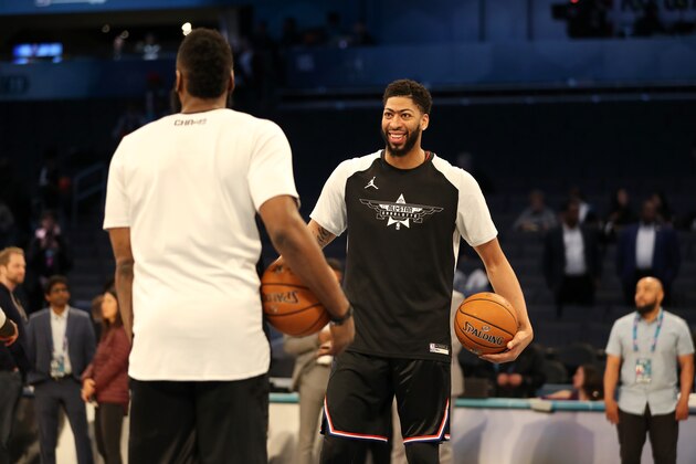 CHARLOTTE, NC - FEBRUARY 17: James Harden #13 and Anthony Davis #23 of Team LeBron warm up before the 2019 NBA All-Star Game on February 17, 2019 at the Spectrum Center in Charlotte, North Carolina. NOTE TO USER: User expressly acknowledges and agrees that, by downloading and/or using this photograph, user is consenting to the terms and conditions of the Getty Images License Agreement. Mandatory Copyright Notice: Copyright 2019 NBAE (Photo by Kent Smith/NBAE via Getty Images)