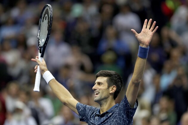 NEW YORK, NY - SEPTEMBER 09:  Novak Djokovic of Serbia celebrates his win over Juan Martin Del Potro of Argentina during the men's final of the US Open at Arthur Ashe Stadium on September 9, 2018 in New York City.  (Photo by Matthew Stockman/Getty Images)