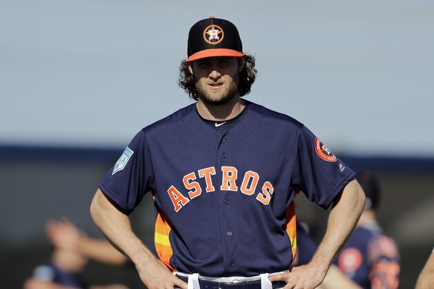 Houston Astros pitcher Gerrit Cole pauses for a breather during spring training baseball practice Friday, Feb. 15, 2019, in West Palm Beach, Fla. (AP Photo/Jeff Roberson)