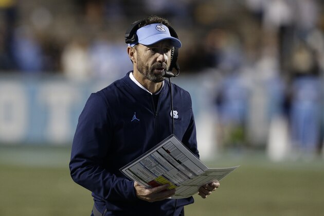 North Carolina head coach Larry Fedora looks on during the second half of an NCAA college football game against Western Carolina in Chapel Hill, N.C., Saturday, Nov. 17, 2018. North Carolina won 49-26. (AP Photo/Gerry Broome)