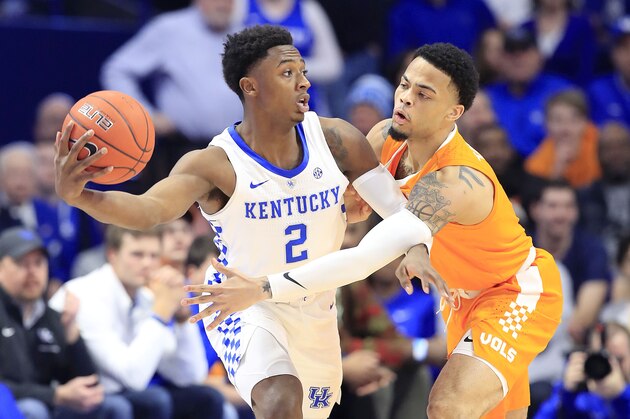 LEXINGTON, KENTUCKY - FEBRUARY 16:  Ashton Hagans #2 of the Kentucky Wildcats is defended by Lamonte Turner #1 of the Tennessee Volunteers at Rupp Arena on February 16, 2019 in Lexington, Kentucky. (Photo by Andy Lyons/Getty Images)