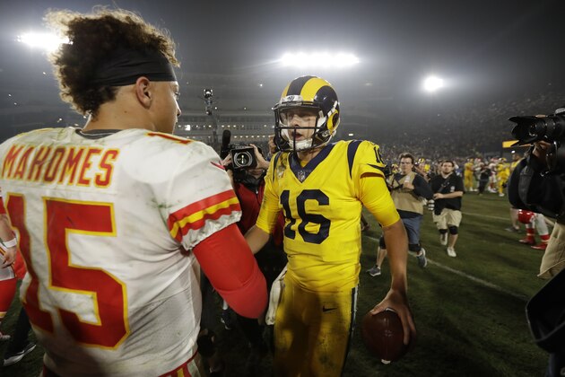 Los Angeles Rams quarterback Jared Goff, right, hugs Kansas City Chiefs quarterback Patrick Mahomes, left, after an NFL football game, Monday, Nov. 19, 2018, in Los Angeles. The Rams won 54-51. (AP Photo/Marcio Jose Sanchez)