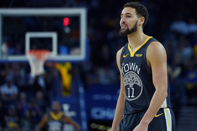 OAKLAND, CA - OCTOBER 31:  Klay Thompson #11 of the Golden State Warriors looks on against the New Orleans Pelicans during an NBA basketball game at ORACLE Arena on October 31, 2018 in Oakland, California. NOTE TO USER: User expressly acknowledges and agrees that, by downloading and or using this photograph, User is consenting to the terms and conditions of the Getty Images License Agreement.  (Photo by Thearon W. Henderson/Getty Images)