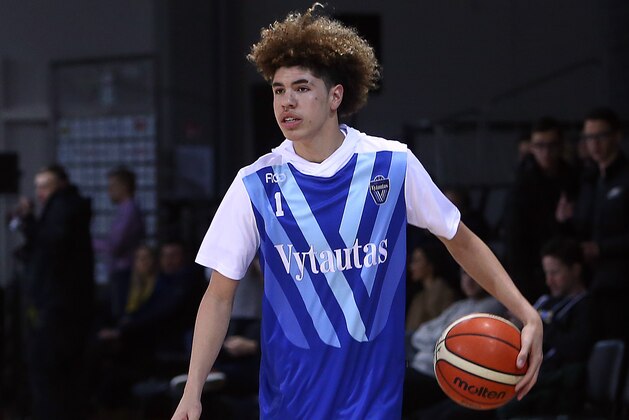 PRIENAI, LITHUANIA - JANUARY 09:  LaMelo Ball of Vytautas Prienai prior to the match between Vytautas Prienai and Zalgiris Kauno on January 9, 2018 in Prienai, Lithuania.  (Photo by Alius Koroliovas/Getty Images)