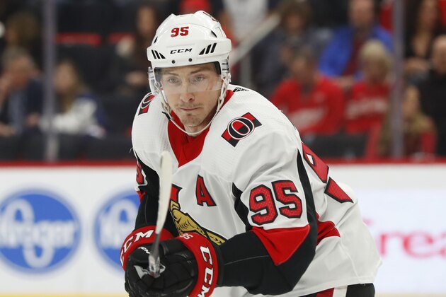 Ottawa Senators center Matt Duchene (95) plays against the Detroit Red Wings in the first period of an NHL hockey game Thursday, Feb. 14, 2019, in Detroit. (AP Photo/Paul Sancya)