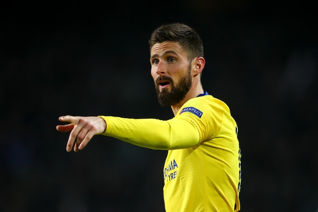 MALMO, SWEDEN - FEBRUARY 14:  Olivier Giroud of Chelsea celebrates after scoring a goal to make it 0-2 during the UEFA Europa League Round of 32 First Leg match between Malmo FF and Chelsea at Malmoe Stadion on February 14, 2019 in Malmo, . (Photo by Robbie Jay Barratt - AMA/Getty Images)