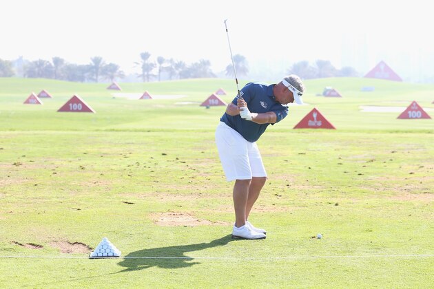 ABU DHABI, UNITED ARAB EMIRATES - JANUARY 19:  Darren Clarke of Northern Ireland is pictured wearing shorts during practice prior to the start of the Abu Dhabi HSBC Golf Championship at the Abu Dhabi Golf Cub on January 19, 2016 in Abu Dhabi, United Arab Emirates.  (Photo by Andrew Redington/Getty Images)