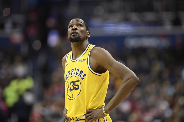 Golden State Warriors forward Kevin Durant (35) stands on the court during the second half of an NBA basketball game against the Washington Wizards, Thursday, Jan. 24, 2019, in Washington. The Warriors won 126-118. (AP Photo/Nick Wass)