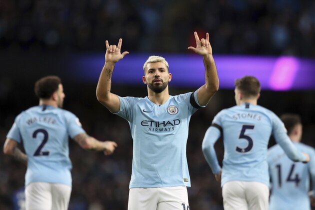 Manchester City's Sergio Aguero celebrates after scoring his side's fifth goal during the English Premier League soccer match between Manchester City and Chelsea at Etihad stadium in Manchester, England, Sunday, Feb. 10, 2019. (AP Photo/Jon Super)