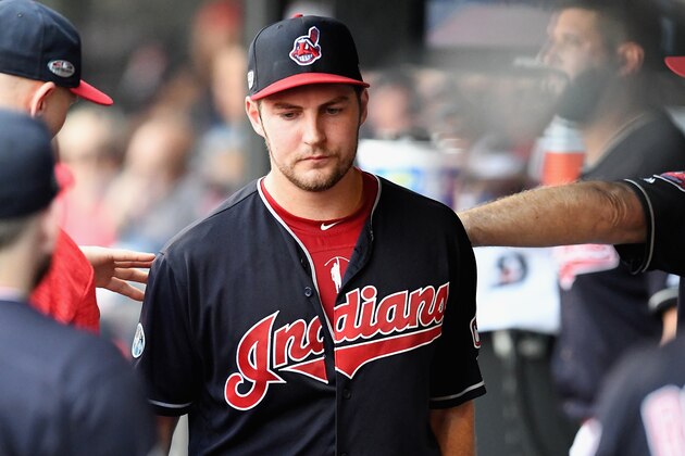CLEVELAND, OH - OCTOBER 08:  Trevor Bauer #47 of the Cleveland Indians reacts in the dugout after being pulled in the seventh inning against the Houston Astros during Game Three of the American League Division Series at Progressive Field on October 8, 2018 in Cleveland, Ohio.  (Photo by Jason Miller/Getty Images)