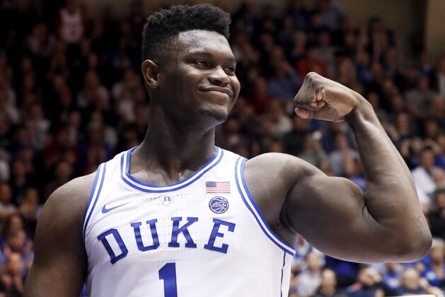 Duke's Zion Williamson (1) celebrates after he scored against North Carolina State during the second half of an NCAA college basketball game in Durham, N.C., Saturday, Feb. 16, 2019. (AP Photo/Chris Seward)