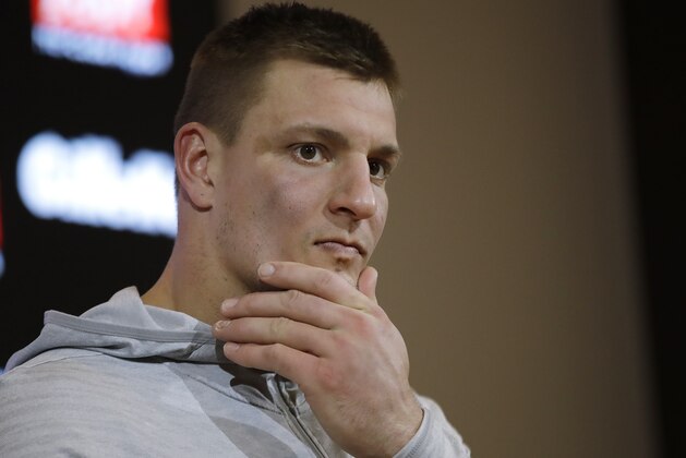 New England Patriots tight end Rob Gronkowski speaks to the media following an NFL divisional playoff football game against the Los Angeles Chargers, Sunday, Jan. 13, 2019, in Foxborough, Mass. (AP Photo/Elise Amendola)