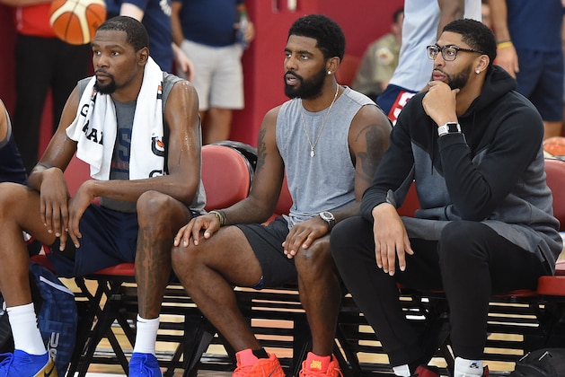 LAS VEGAS, NV - JULY 27: Reggie Hearn, Kevin Durant, Kyrie Irving and Anthony Davis look on during USAB Minicamp at Mendenhall Center on the University of Nevada, Las Vegas campus on July 27, 2018 in Las Vegas, Nevada. NOTE TO USER: User expressly acknowledges and agrees that, by downloading and/or using this Photograph, user is consenting to the terms and conditions of the Getty Images License Agreement. Mandatory Copyright Notice: Copyright 2018 NBAE (Photo by Andrew D. Bernstein/NBAE via Getty Images)