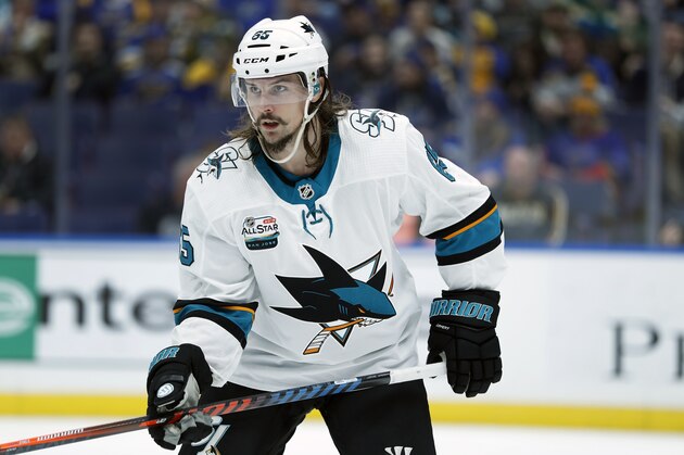 San Jose Sharks' Erik Karlsson, of Sweden, is seen during the second period of an NHL hockey game against the St. Louis Blues Friday, Nov. 9, 2018, in St. Louis. (AP Photo/Jeff Roberson)