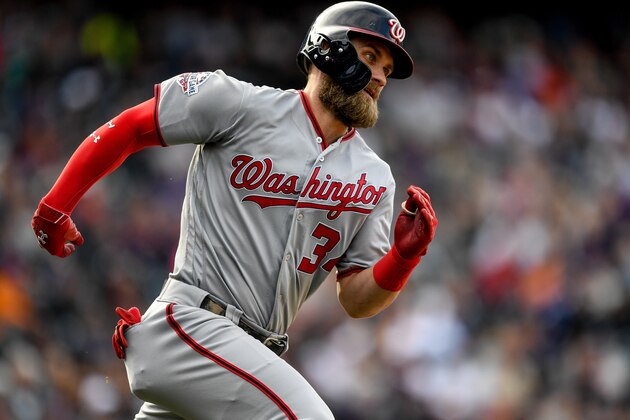 DENVER, CO - SEPTEMBER 30:  Bryce Harper #34 of the Washington Nationals runs out a ninth inning double against the Colorado Rockies at Coors Field on September 30, 2018 in Denver, Colorado.  (Photo by Dustin Bradford/Getty Images)