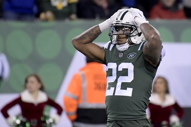 New York Jets cornerback Trumaine Johnson (22) reacts after a play against the Green Bay Packers during overtime of an NFL football game, Sunday, Dec. 23, 2018, in East Rutherford, N.J. The Packers won 44-38 in overtime. (AP Photo/Bill Kostroun)