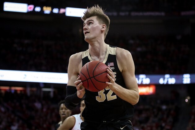 MADISON, WISCONSIN - JANUARY 11:  Matt Haarms #32 of the Purdue Boilermakers handles the ball in the second half against the Wisconsin Badgers at the Kohl Center on January 11, 2019 in Madison, Wisconsin. (Photo by Dylan Buell/Getty Images)