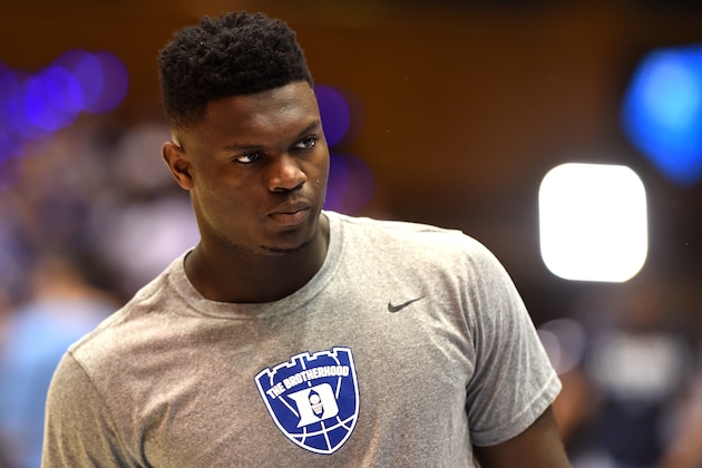 DURHAM, NC - FEBRUARY 20: Zion Williamson #1 of the Duke Blue Devils warms up prior to their game against the North Carolina Tar Heels at Cameron Indoor Stadium on February 20, 2019 in Durham, North Carolina. (Photo by Lance King/Getty Images)